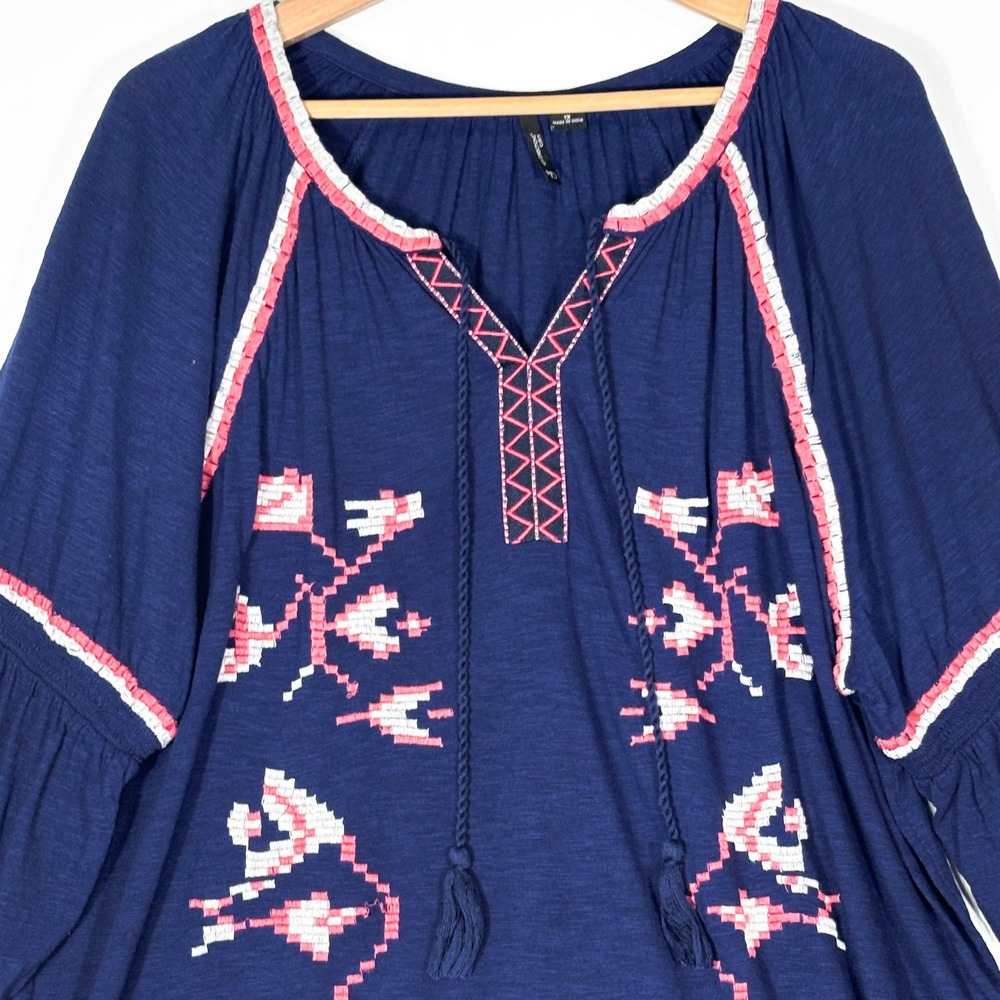 New Directions Embroidered Boho Peasant Top Tassel Womens 1X Curvy Navy Blue